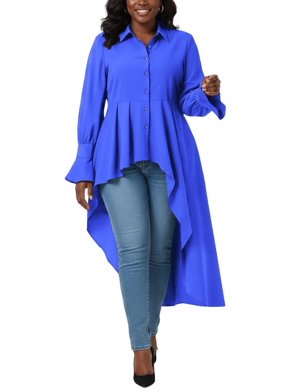 Umenlele Womens Sz S Small Long Sleeve Ruffle High Low Hem Blouse Royal Blue